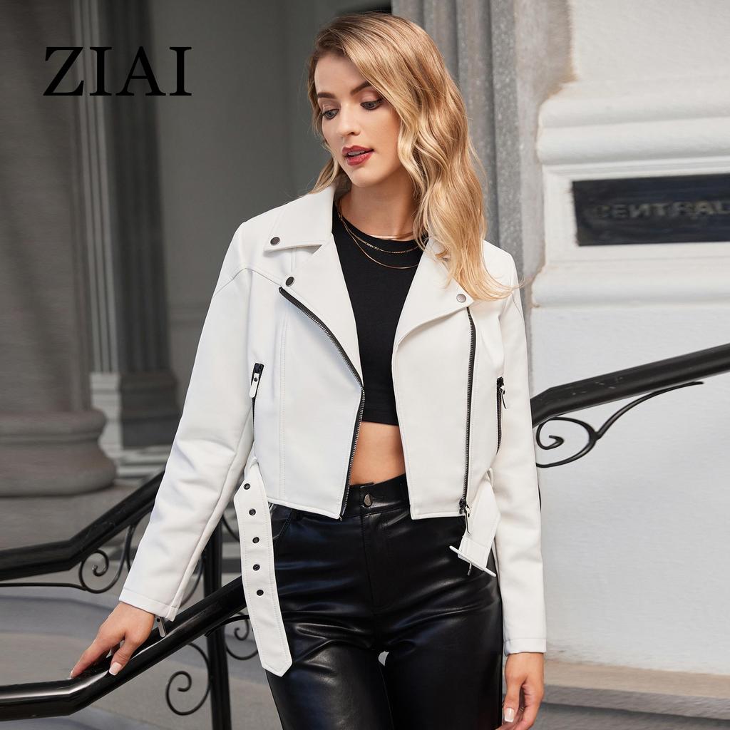 ziai Короткая куртка из искусственной кожи для женщин с косой молнией и лацканами, свободный водонепроницаемый плащ, модное уличное пальто из искусственной кожи ZP-23812