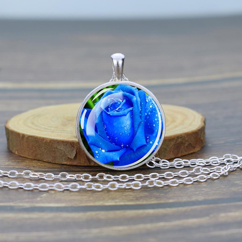 Flower Necklaces Rose Lotus Poppy Cherry Blossoms Sunflower Chains Necklace for Women Glass Cabochon Pendant Jewelry Lover Gift