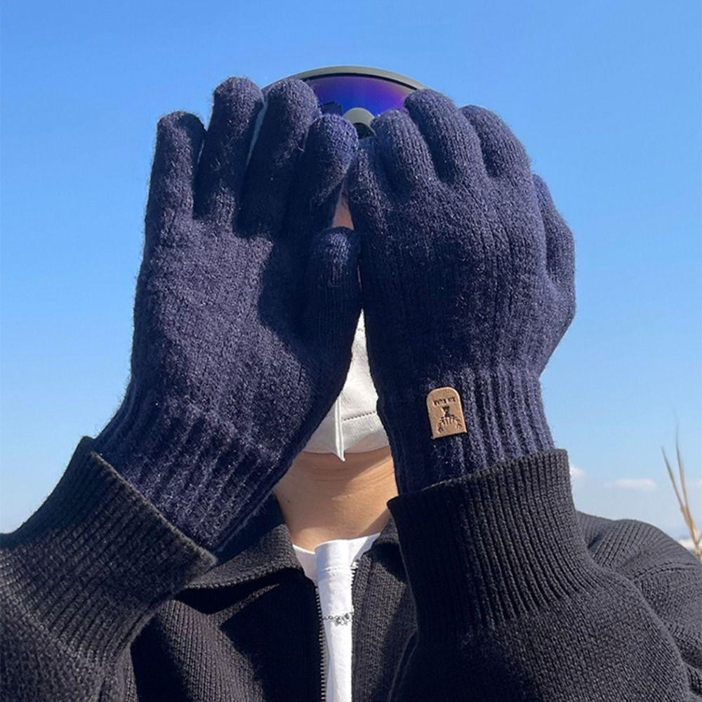 Wool Men Knitted Gloves Solid Color Full Finger Gloves Nonslip Knitted Woolen Gloves  Outdoor