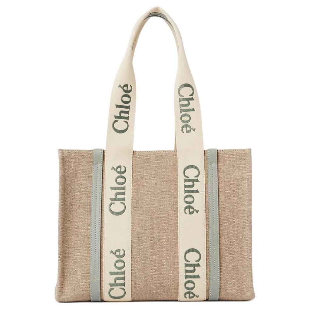 Chloe Woody Logo Embroidered Linen Shoulder Bag Women shoulder bag Blue-Green CHC23-AS383L17-38T