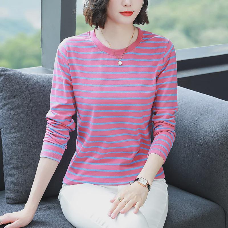 2023 Women's Oversized Striped Cotton Long-Sleeve T-Shirt for Autumn