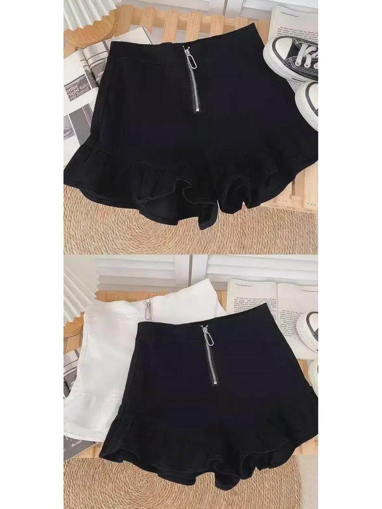 Женские белые шорты с широкими штанинами и оборками на молнии 2024 года — облегающие повседневные шорты с высокой талией