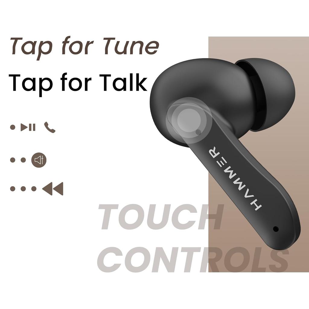 Hammer Solitude Bluetooth Earbuds with Upto 22H Playtime, Enc, Fast Charging Type-C, Ipx4 Water Resistant, Bluetooth V5.3 (Truffle Black)