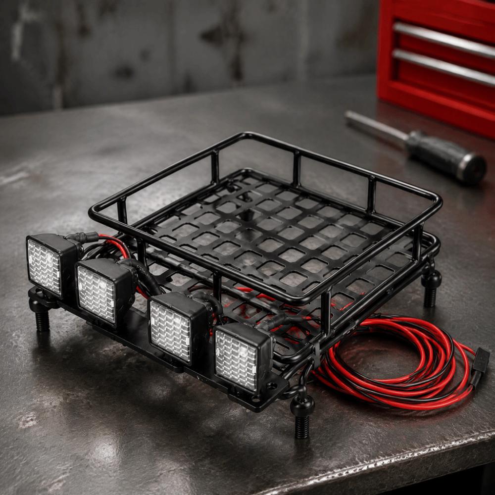 4 Lights Roof Rack Luggage LED Lights Small Luggage Holder Model Car Carrier For 1/10 Scale