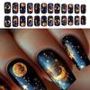 24 Pcs Medium Square Press On Nail Space Themed Designs Moon Star Pattern Acrylic Glossy Full Cover for Women and Girls