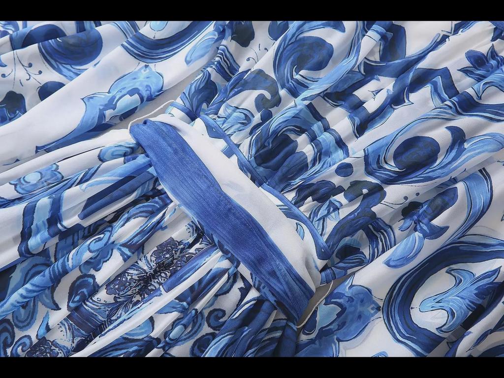 European & American Women's Chiffon Silk V-Neck Floral Print Maxi Dress