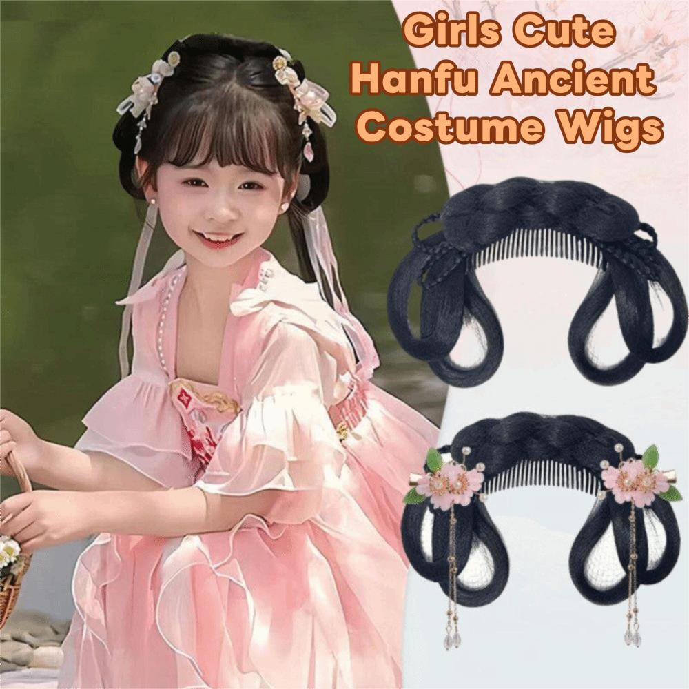 Synthetic Hanfu Ancient Costume Wigs Headdress Princess Hair Bun Cosplay Wig for Kids