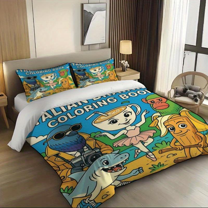 3 шт. Итальянский набор пододеяльников 'Brainrot' - Цифровая печать, Дизайн на молнии, Машинная стирка, 3 шт., Уютная спальня, Художественный принт