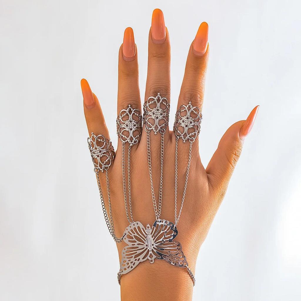 Vintage Open Hollow Finger Ring Link Chain Butterfly Bracelet for Women Punk Gold Color Cuban Chain Hand Jewelry Party