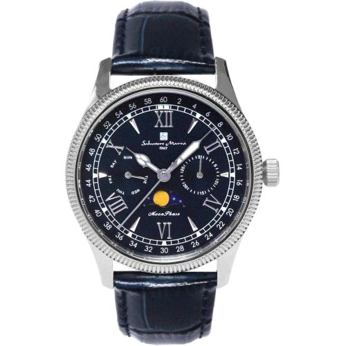 Salvatore Marra Men's Limited Edition Silver/Blue Watch, Moon Phase, Multi-Calendar, 5 ATM Water Resistance, Leather Strap, for Business and Formal We