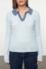 Women's Elegance Style Sweater Blue Polo Neck Color Blocked Knitwear Sweater
