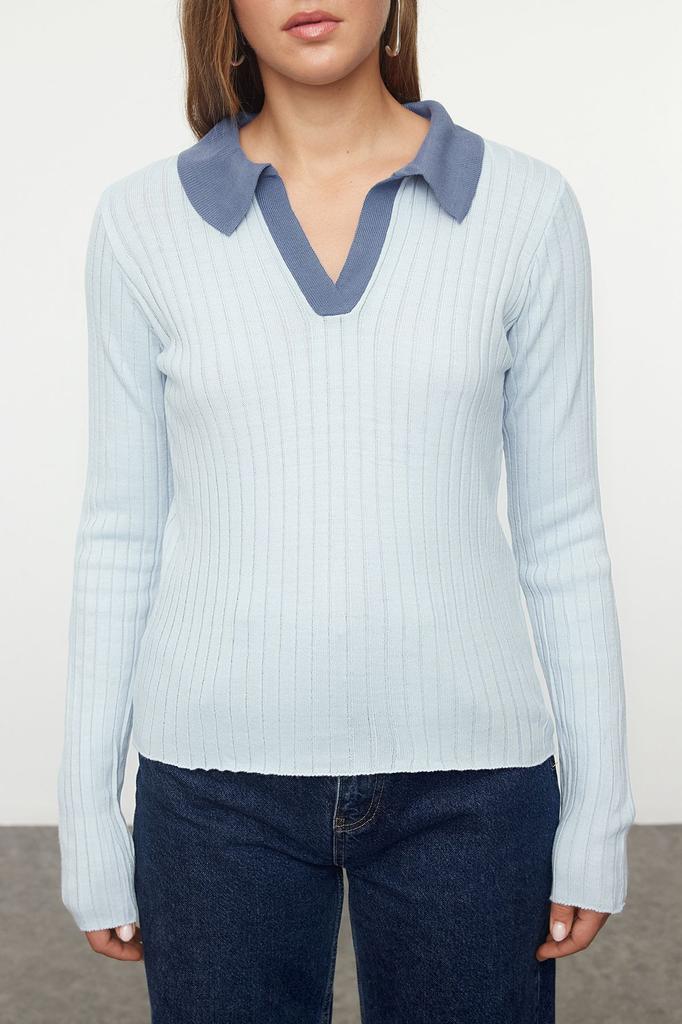 Women's Elegance Style Sweater Blue Polo Neck Color Blocked Knitwear Sweater