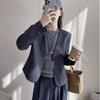 Женский серый блейзер с V-образным вырезом и длинными рукавами на весну - Повседневный, Минималистичный, Маленький размер и для поездок на работу 2025