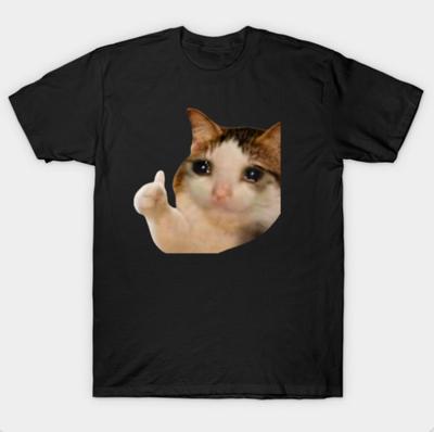 Crying Cat Thumbs Up Meme T-Shirt Funny Sad Kitten Black Cotton Tee Unisex S-3XL