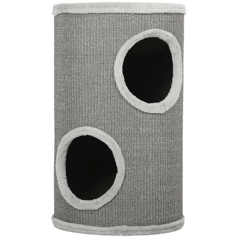 Scratching barrel, 60 cm high, Ø 35 cm, two-story cat barrel with 2 caves, plush rim, for 1-2 cats up to 5 kg, light grey