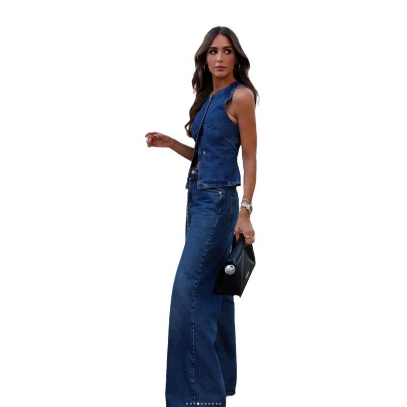 Spring and Summer Women's Sleeveless Denim Trousers Set Cropped Vest Top + Wild Basic Women's Wide Leg Long Pant Suit