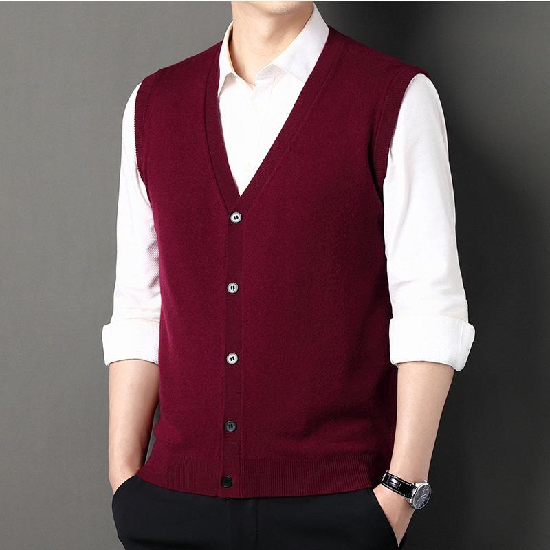 Мужской шерстяной жилет, осенне-зимняя мода, повседневный однотонный мужской кардиган без рукавов с V-образным вырезом, жилет, свитер для мужчин