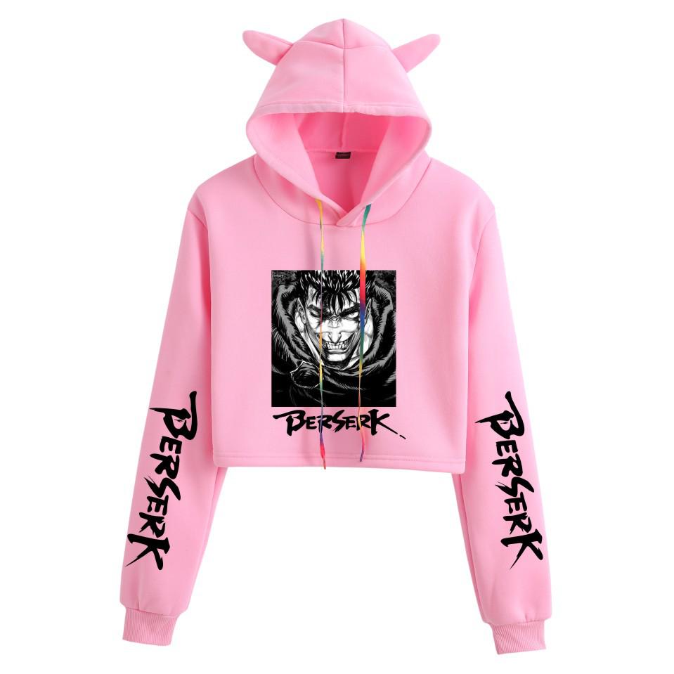 Women's Cat Ear Hoodie with Berserk Print - Cropped Style