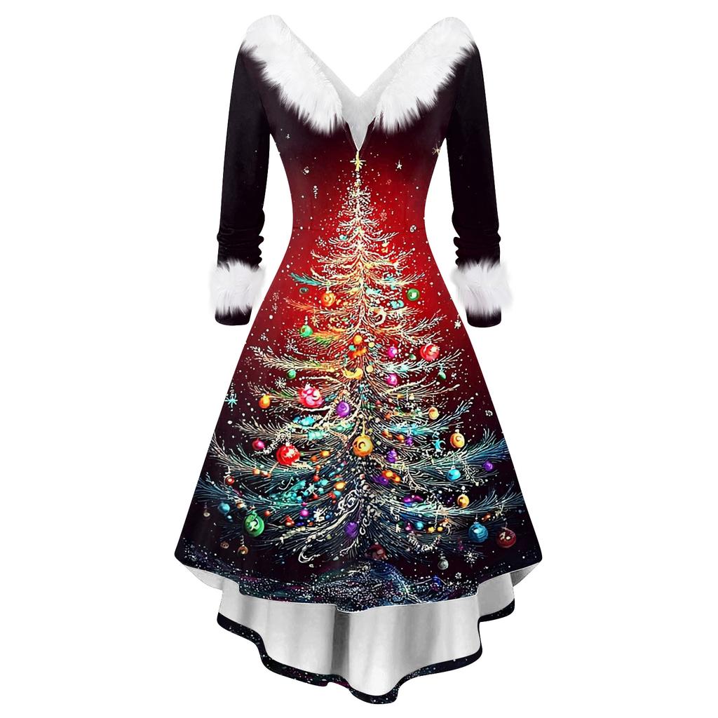 Women's Fashion Elegant Autun And Winter Long Sleeve V-Neck Christmas Print Dress