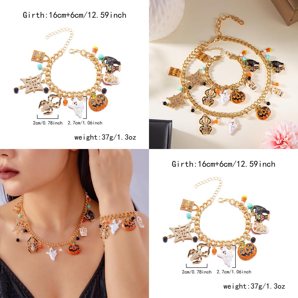 Pumpkin Skeleton Spider Charm Necklace And Bracelet In Alloy For Holiday Wear