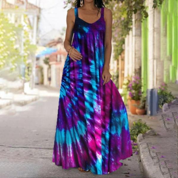 Women's Dresses Fashion Lightweight Sleeveless Party Long Dresses Loose Spaghetti Strap Tie Dye 3D Printed Maxi Dresses Casual V Neck Swing Dress