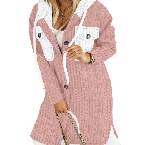 Женский длинный кардиган, большой кардиган с капюшоном, уютный свитер с капюшоном, пальто с витым узором, контрастный цвет для женщин, плотная куртка