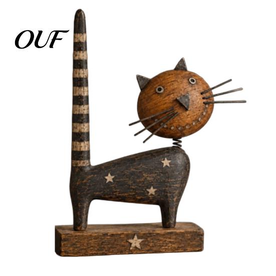 Rustic Farmhouse Table Decor Wooden Cat Ornament with Spring Shaking Head for Tabletop Decor, Handcrafted Retro Folk Art Animal Statue Desk