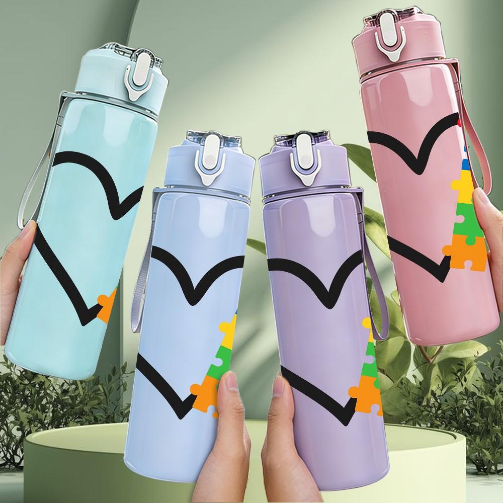 1PC Autism Puzzle Heart 750ml Color Plastic Sports Water Bottle Leakproof Flip Straw Lid Suitable for Sports Office Home Use