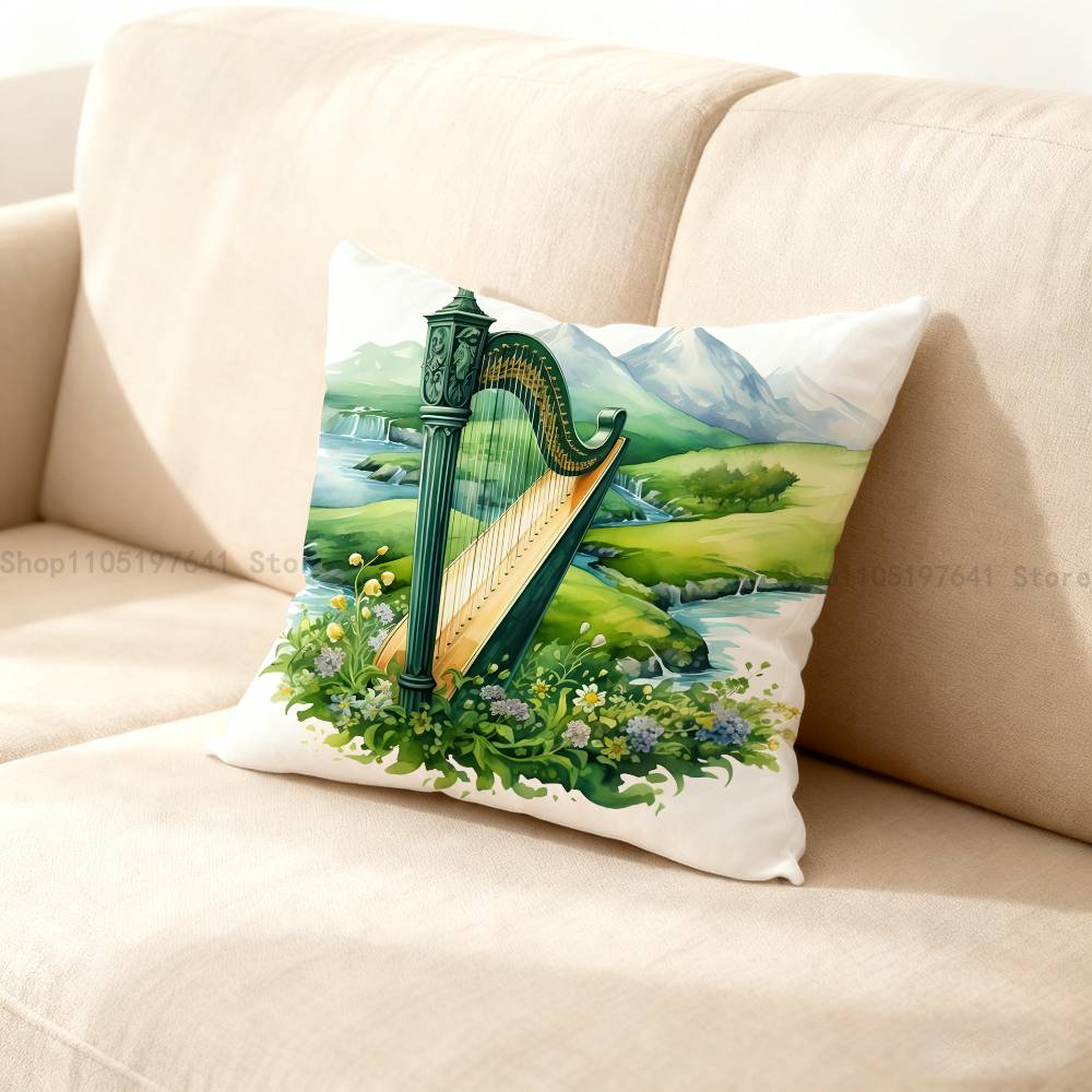 Ireland Flag Irish Harp Erin Go Pillow Case Cartoon Anime Peripheral Bedroom Sofa Decorative Cushion Cover Soft Cushion Cover