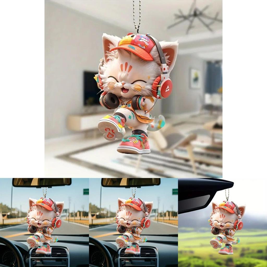 Cute Listening To Music Colorful Cat Pattern, Acrylic Pendant For Fun Vehicle Accessory