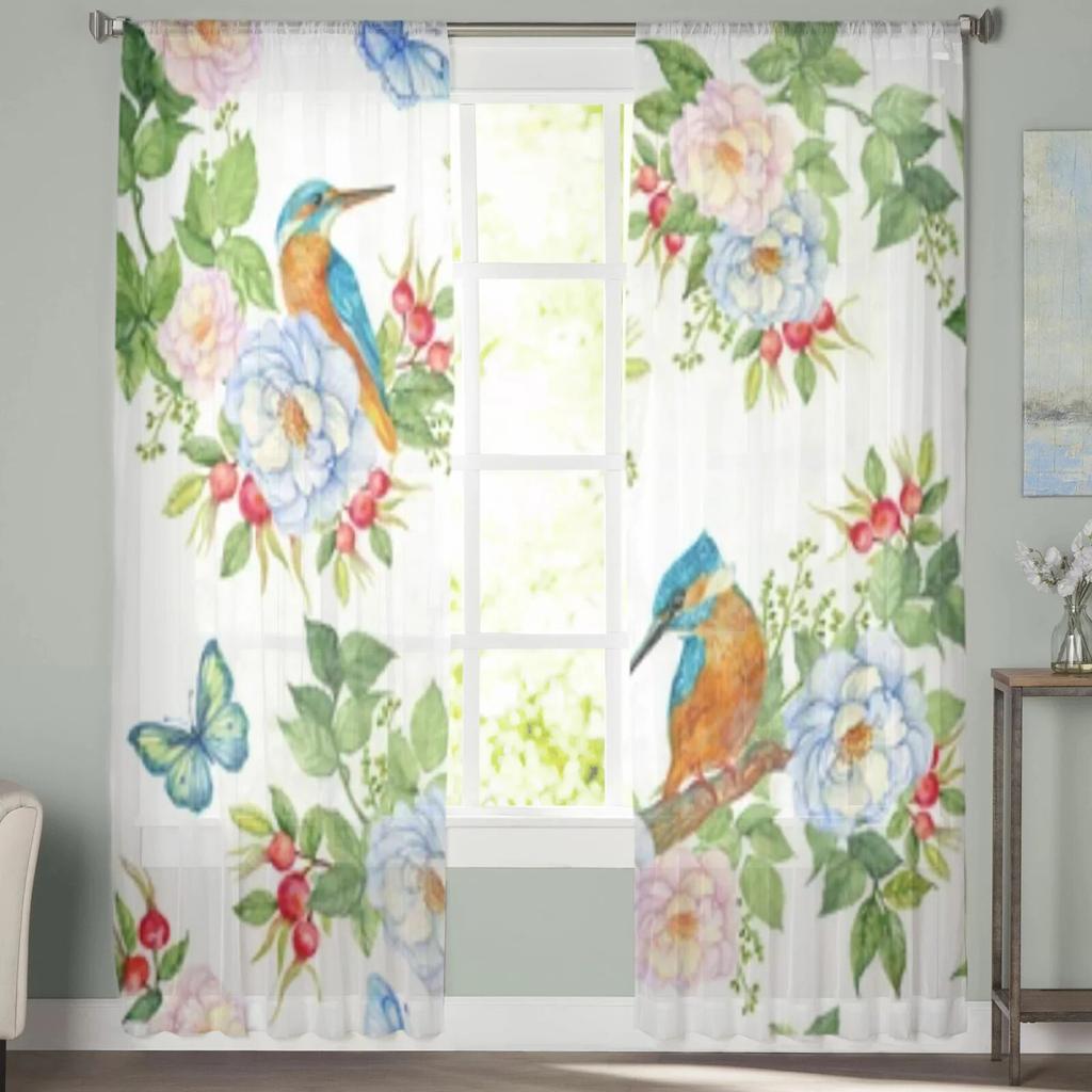 Watercolor Pattern With Birds Tulle Window Curtain For Living Room Bedroom Voile Sheer Curtains Kitchen Treatments Drapes