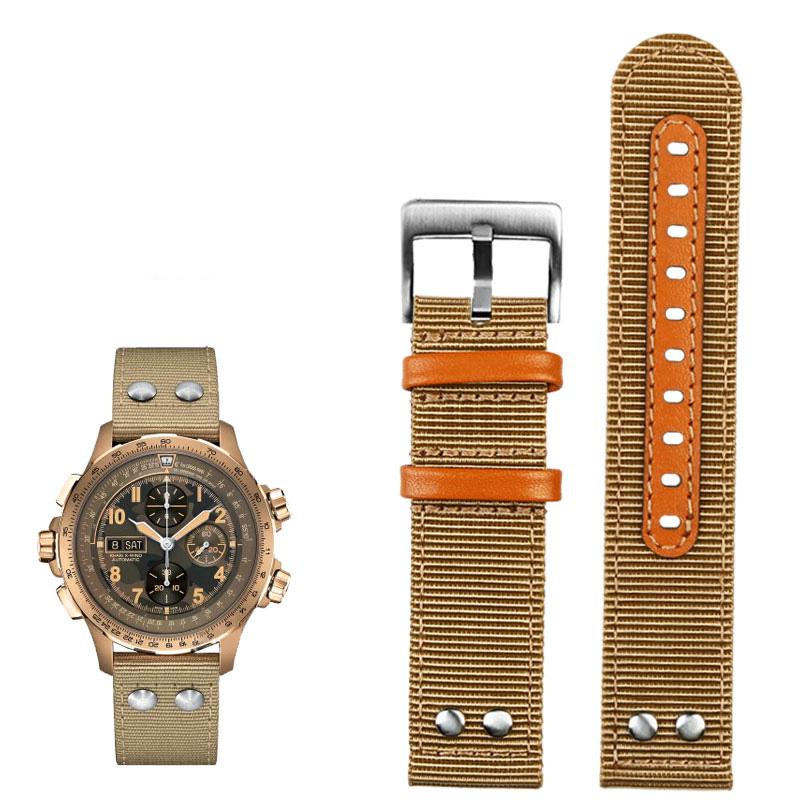 Нейлоновый+Кожаный Ремешок для Часов Sei-ko Hamilton Khaki Aviation Beyond Wind Series Холщовый с Заклепками Военный Ремешок 22 мм
