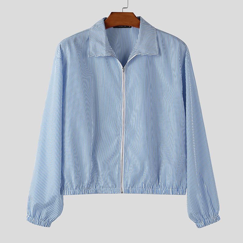 INCERUN Men Turn-down Collar Long Sleeve Zipper Up Striped Cropped Thin Short Coats