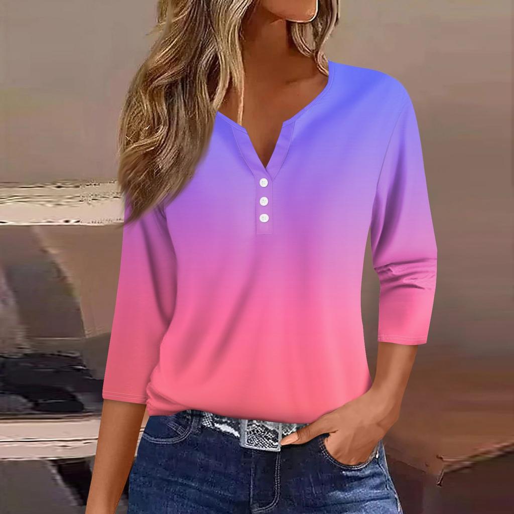 Жен. Футболка Футболка С принтом Пуговицы Рукав 3/4 Повседневные Выходные Мода Классический Классический V-образный вырез Обычный Верх