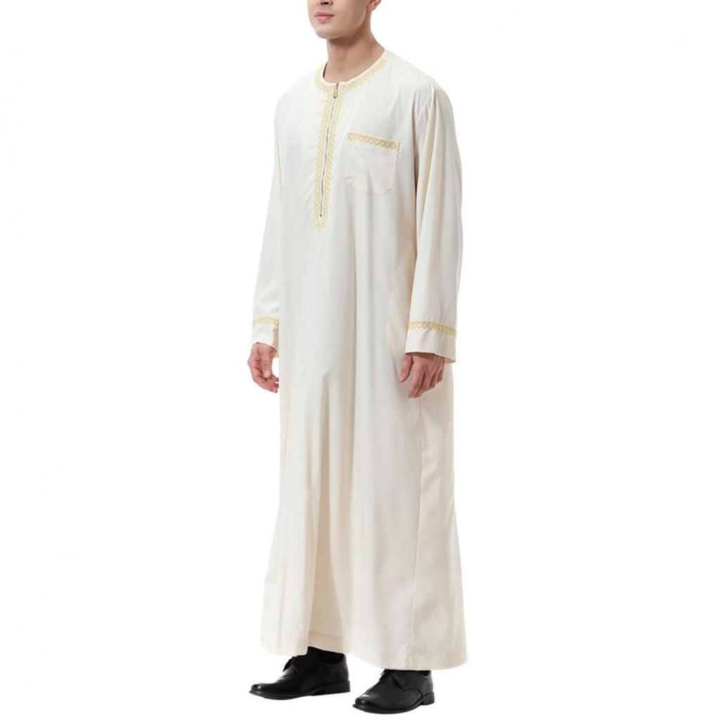 Men's Muslim Shirt Print Kaftan Islamic Royalty Dubai Robe O-Neck Long Sleeve Retro Tunics Abaya Loose Kandoura