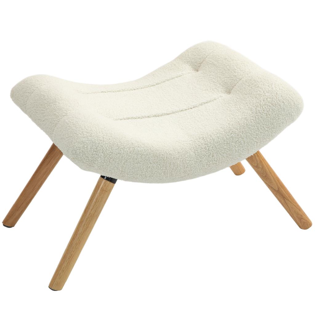 Fleece-Covered Footstool, Wooden Legs, Padded, Cream White