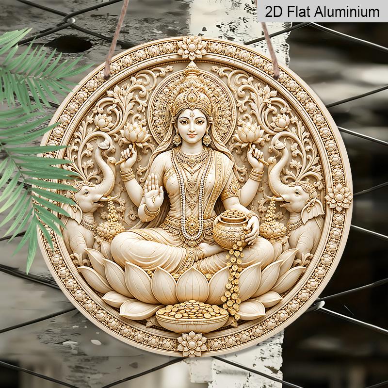 2D плоский, 1 шт. Круглая алюминиевая подвесная табличка, Goddess Lakshmi Лотос Слон Золотая монета Печать Металлическое настенное украшение, Индуистский Дивали Богатство Процветание