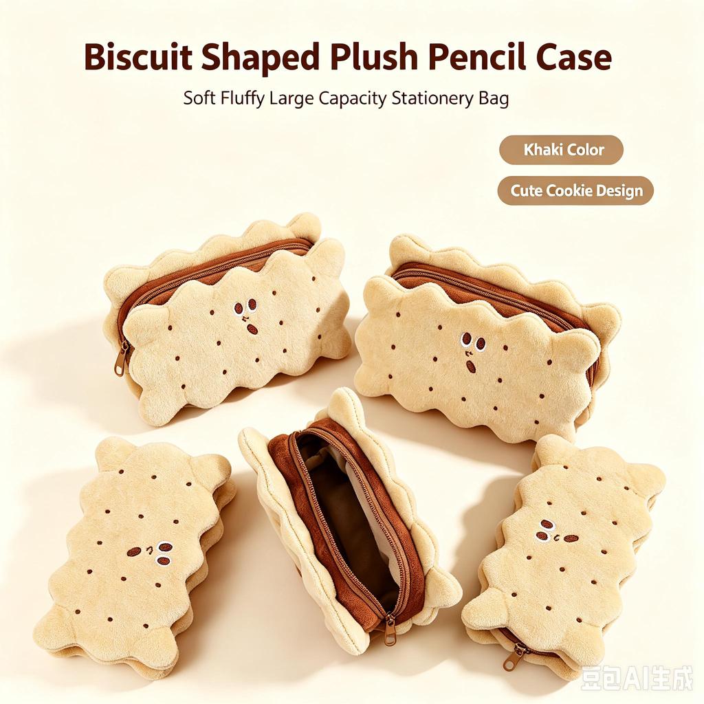 Ins Style Biscuit Shaped Plush Pencil Case Large Capacity Student Bag