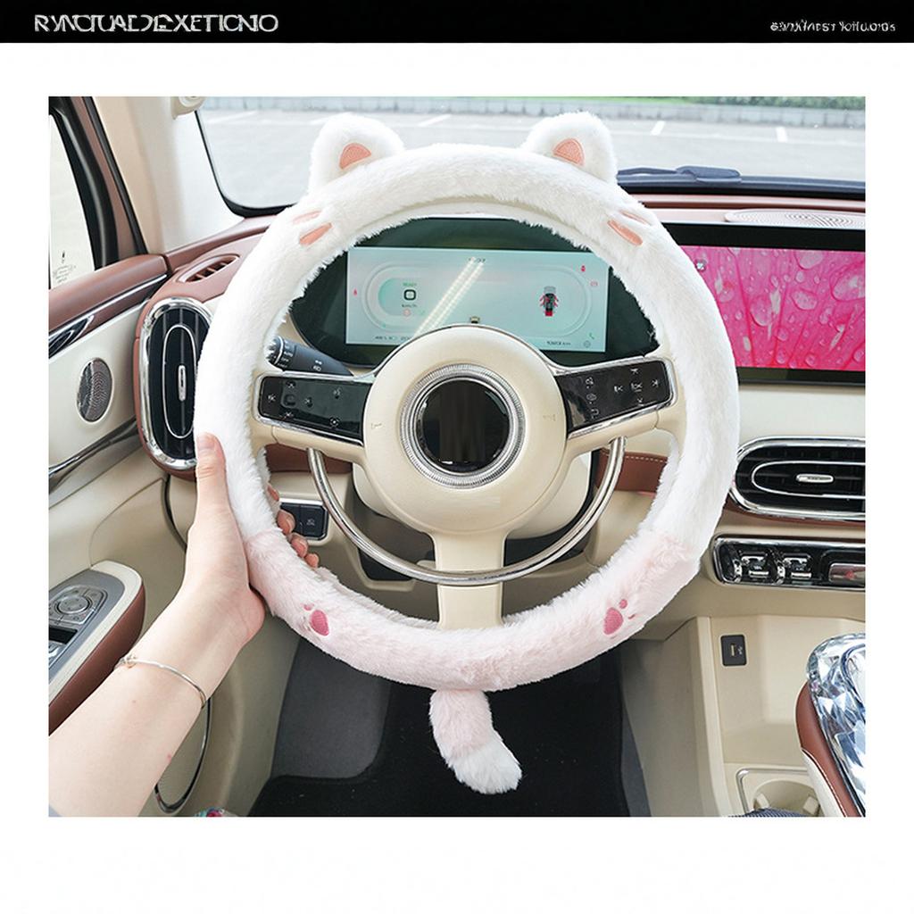Winter Cartoon Steering Wheel Set Interior Decoration Plush Embroidered Handlebar Gloves Cute