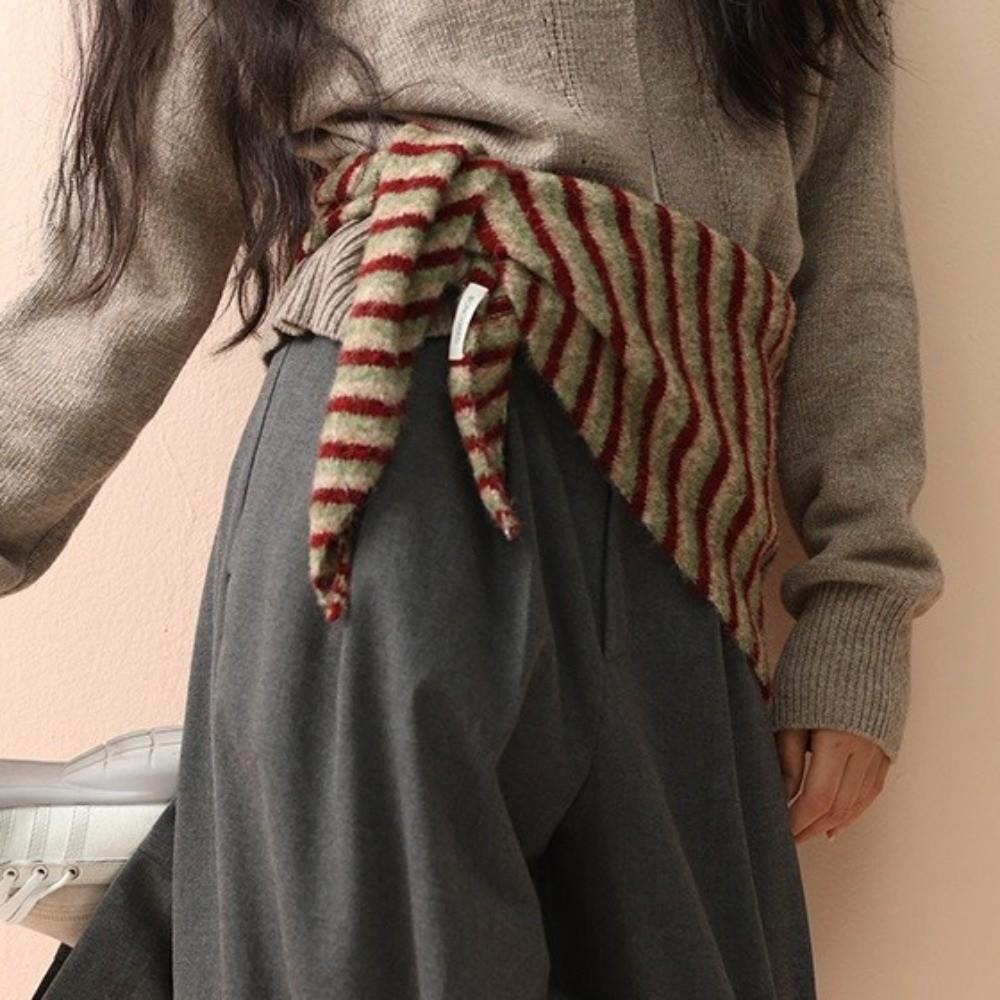 Lightweight Knitted Triangle Scarf Striped Pattern Winter Neckerchief Wool Shawl Scarf Women