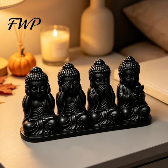 Trendy Office Gadgets 4-in-1 Mini Buddha Statue, See Hear Speak No Evil And Phone, 3D Printed Unique Spiritual Gifts Zen Monk Feng Shui Ornament