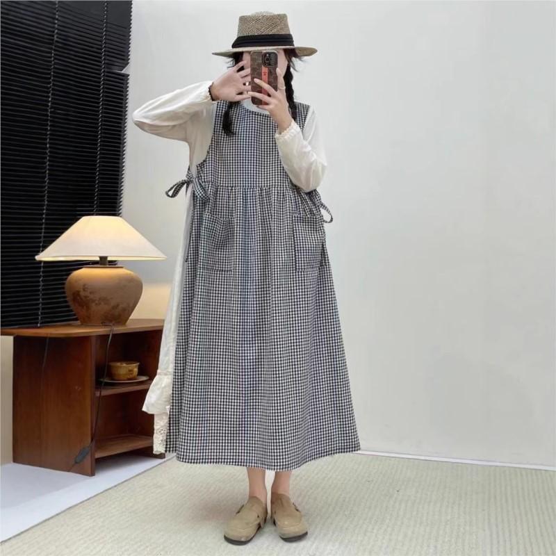 Johnature Платье в японском стиле в клетку, весеннее ретро, свободное, универсальное, многослойное, со шнуровкой и разрезом, прикрывающее женское платье