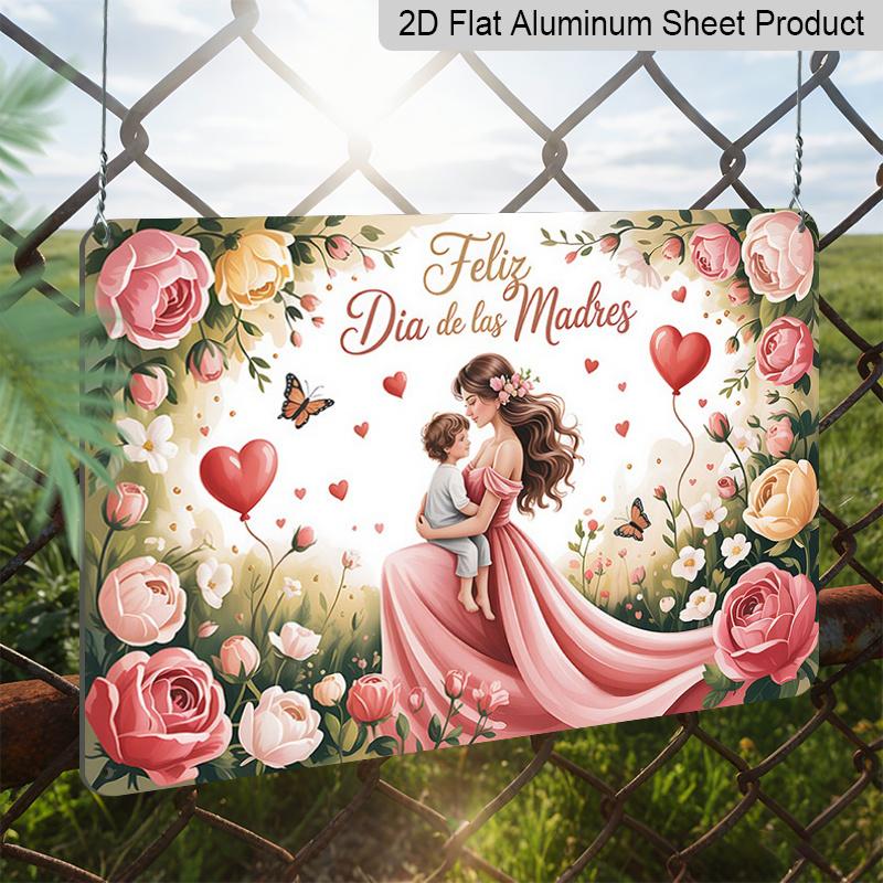 2D Flat, 1pc "Feliz Día De Las Madres" Mother & Floral Plaque, 12"×8" - Pink Rose & Butterfly Decor Sign - Aluminium Wall Hanging Decoration, Warm