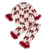 Toddler Girl 2Pcs Fall Pajamas Feather Trim Long Sleeve Bow Print Shirt + Pants Set Kid Sleepwear
