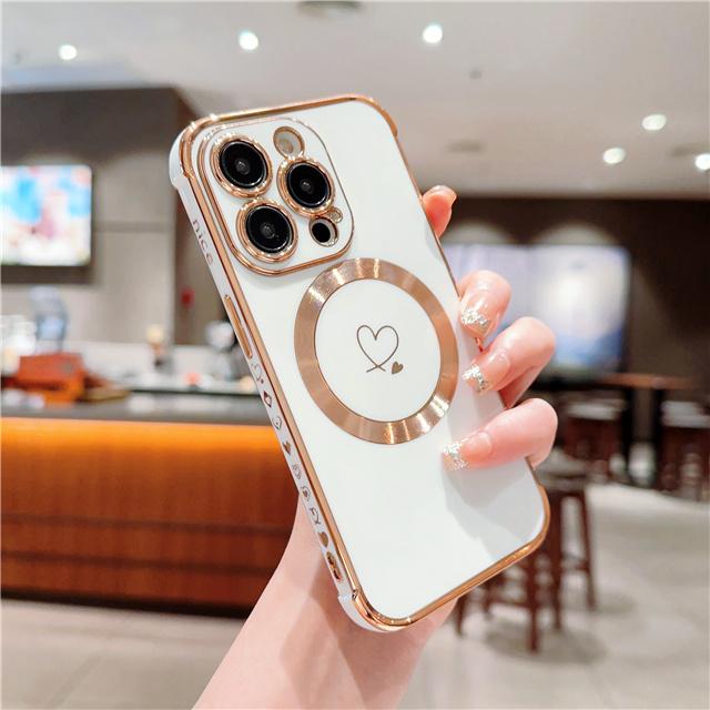 Для iPhone Роскошный чехол для телефона в форме сердца с магнитным покрытием Magsafe и узором рамки для iPhone 11 12 13 14 15 16 Plus Pro Max