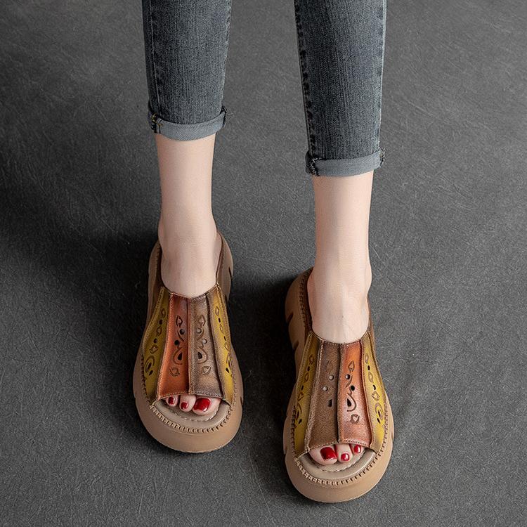 Genuine Leather Thick Soles Sandals Women Retro Wedges Slides Comfortable Outdoor Platform Slippers