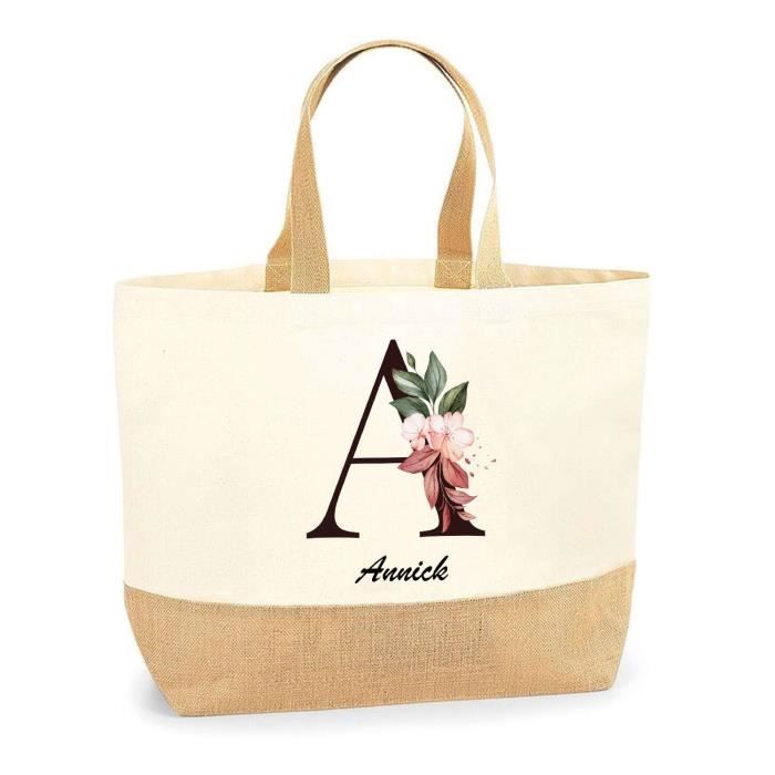 Tote bag en jute - PLANETEE - Annick Lettre Fleur - Jute naturel - Multicolore - Fabriqué en France