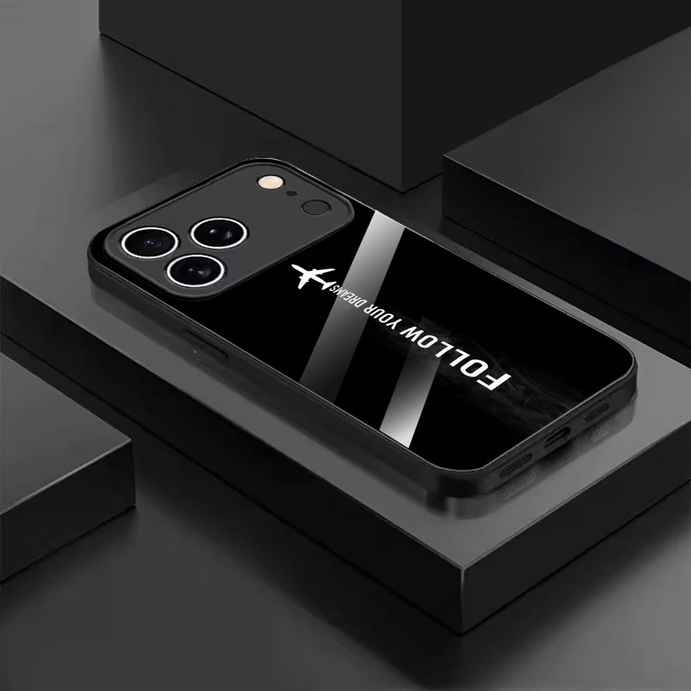 Minimalist Black Airplane Glass phone case mobile phones for iphone 17 pro max cover for iPhone 17 16 15 14 13 12 11pm Pro Plus