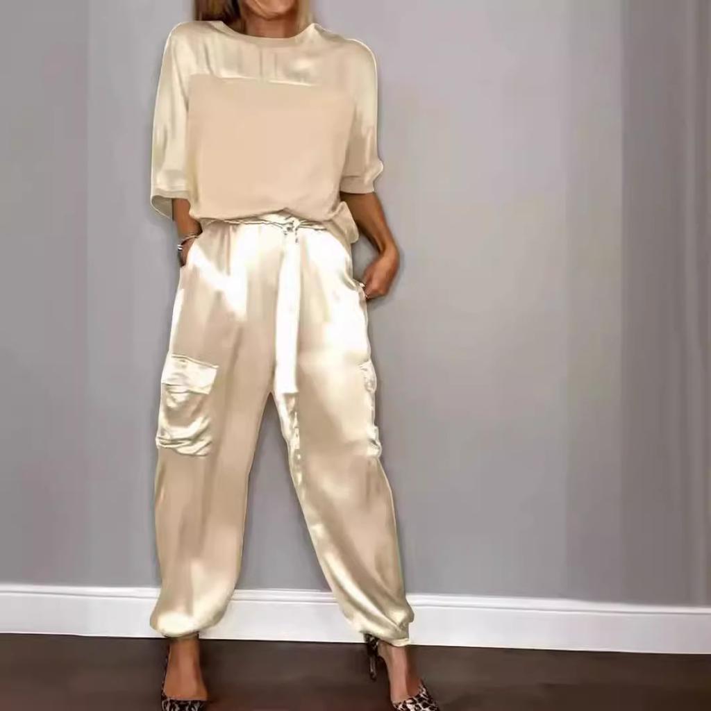 Женский комплект, однотонный комплект из гладкого атласа, топ с рукавами три четверти и брюки, комплект из двух предметов