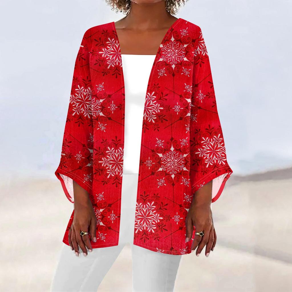 Женская повседневная мода Caot с рождественским принтом Легкая куртка средней длины Кардиган